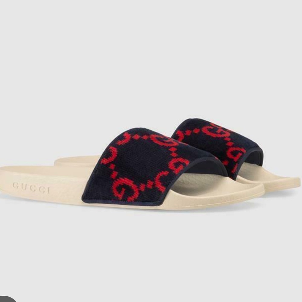 Gucci women GG logo Terry blue red pool slide sandals